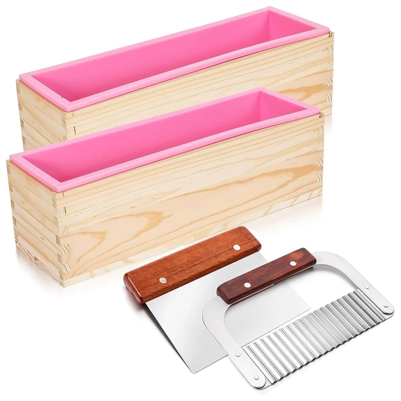 

ABCA-4 Pcs Rectangular Soap Molds Kit With Cutters - 42Oz Flexible Silicone Loaf Soap Mold With Wooden Box