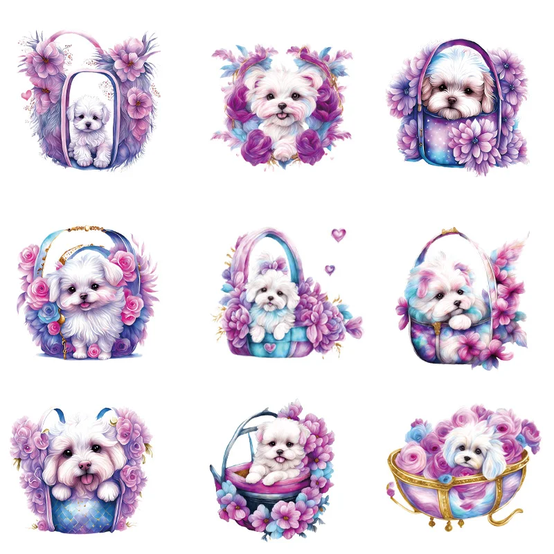 

9piece Cute little dog among the flowers Cartoon stickers apliques de transferencia para planchar en la ropa, pegatinas de vinil