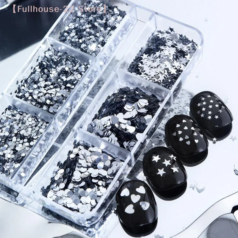 【MAX-22】6 Gitter mit gemischtem Silber-Glitzer, Liebesstern-Nagelanhänger, 3D-Nageldekoration, Nagelschmuck, Nagelstudio-Kunst, Maniküre-Zubehör
