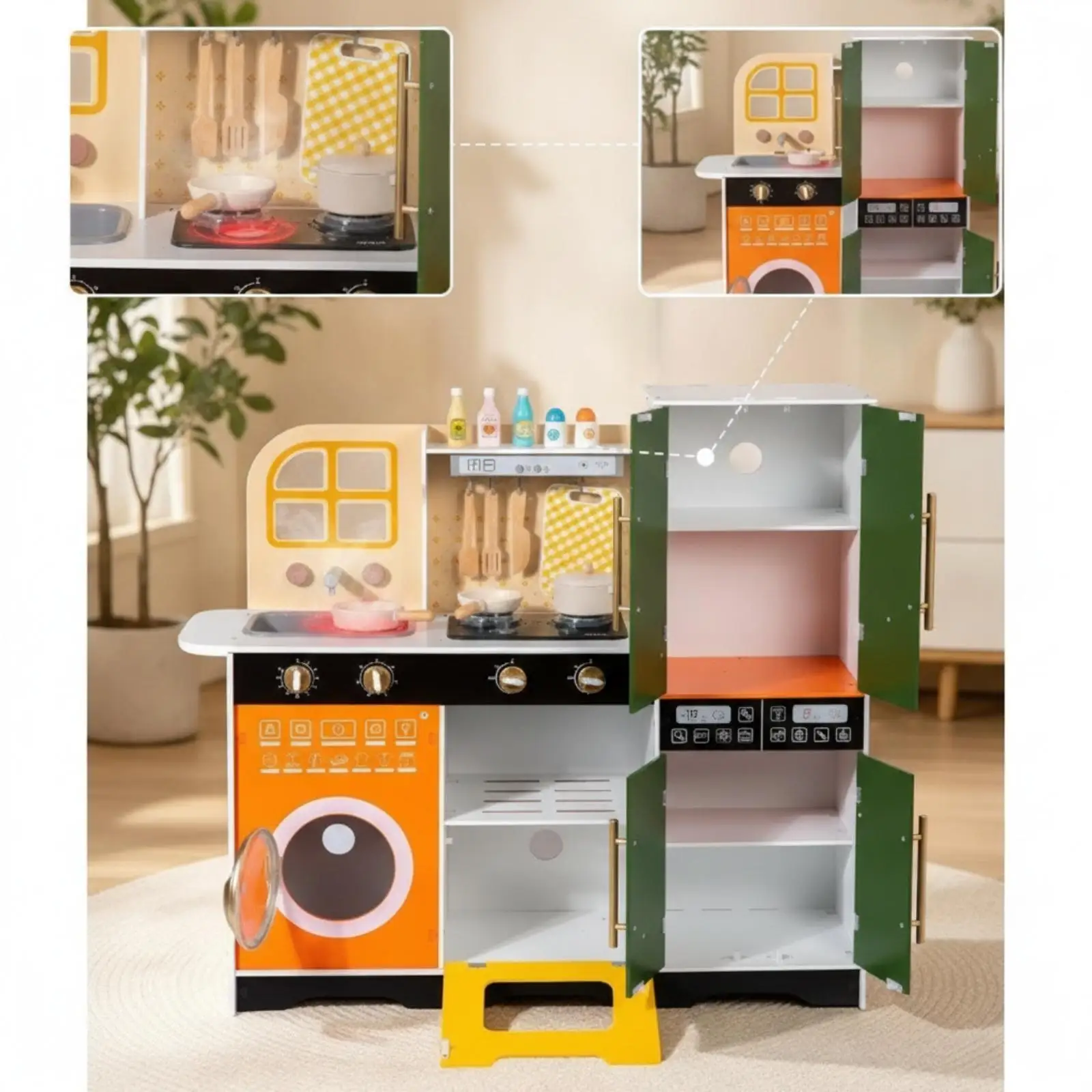 Wooden Kids Kitchen Playset with Sound Spray Effects for Toddlers Boys Girls Interactive Cooking Toy with Frying Pan Pot