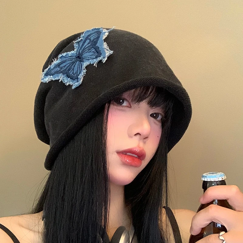 Summer Thin Black Slouch Beanie Vintage Korean Butterfly Embroidery Roll‑Up Edge Face‑Slimming Casual Women Headwear