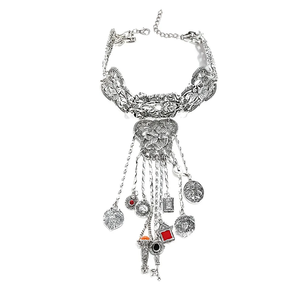

ZAA Exaggerate Metal Choker Vintage Silver Coin Pendant Necklaces for Women Indian Ethnic Style Statement Jewelry Accessories