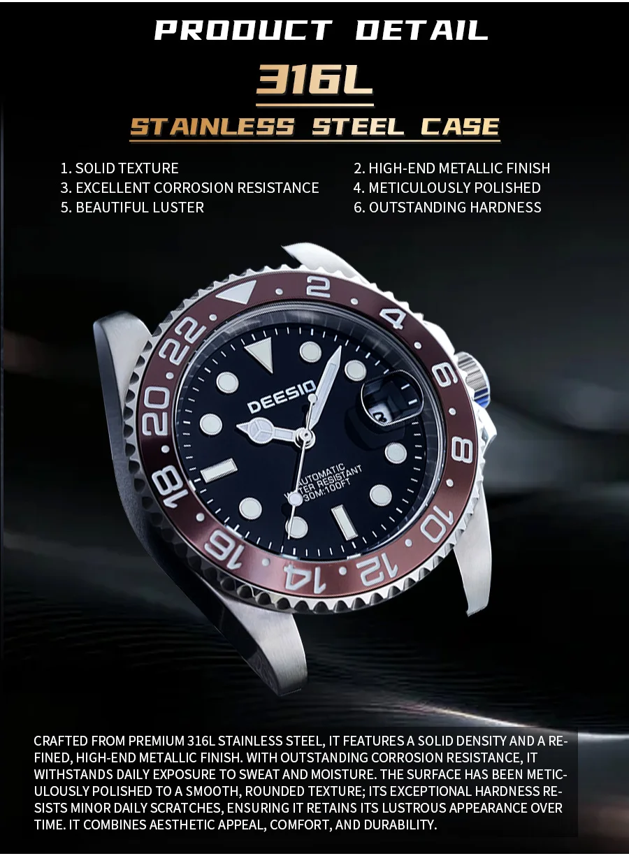 Deesio Automatische Mechanische Uhr für Herren 41mm 316L Edelstahl Uhr Leuchtende Zeiger 30M Wasserdicht Kostenloser Versand – Detail 5