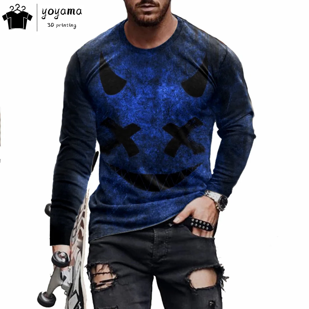 Funny Pattern Print T-shirts for Men Casual O-Neck Long Sleeve T-shirt Harajuku Street Tops Fashion Casual Men's Long Sleeves