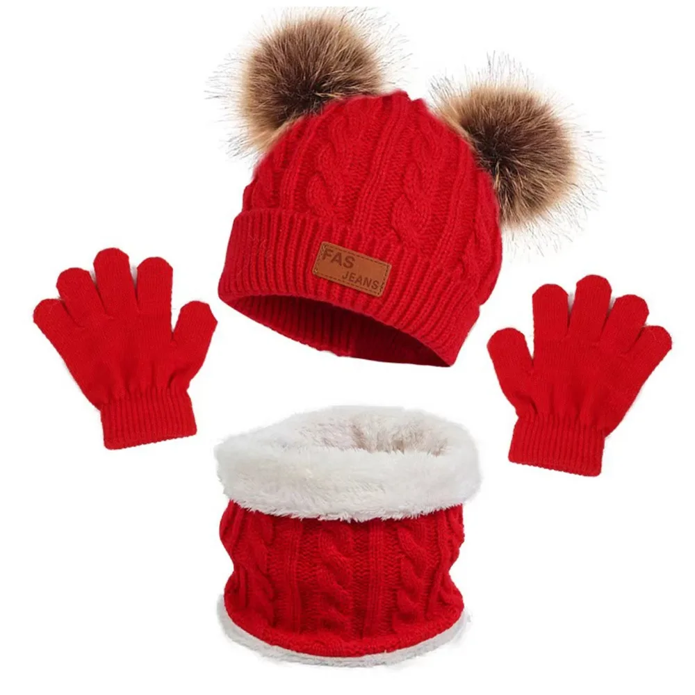 

Solid Color Baby Hat Scarf Gloves Set Windproof Warm Thicken Pompom Knitted Hats Pompom Knitted Beanie Toddler Bonnet Children