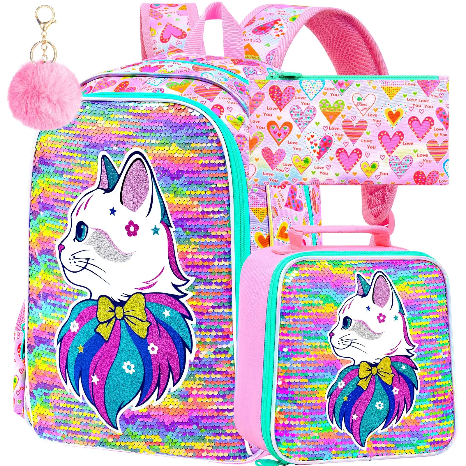 3pcs-girls-cat-sequin-backpack-set-school-bag-with-lunch-box-pencil-case-pom-pom-keychain-kids-primary-school-bookbag