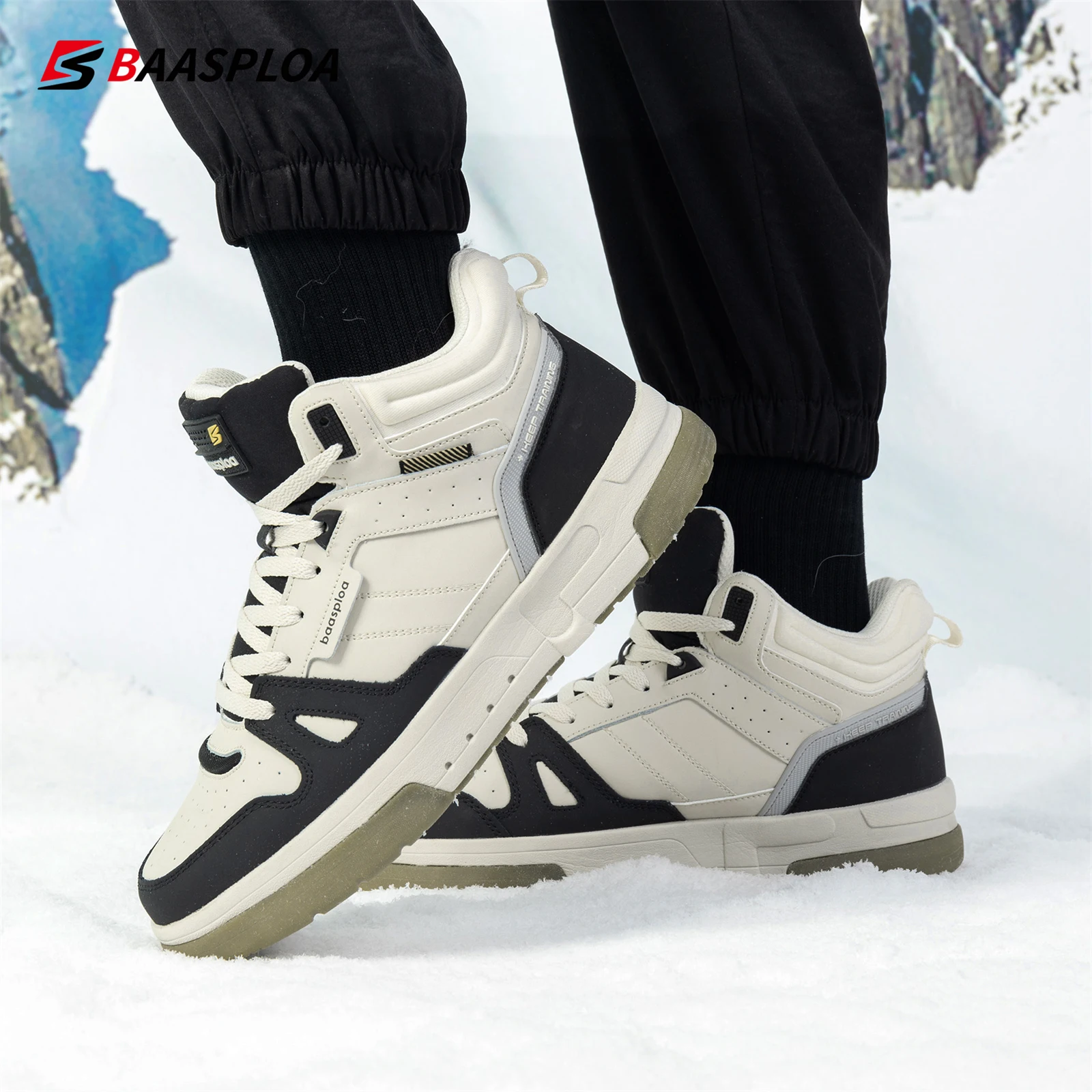 Baasploa Men Cotton Shoes Winter Comfort Plush Warm Casual Shoes for Men Fashion High Top Casual Sneakers Non-Slip Outdoor Male