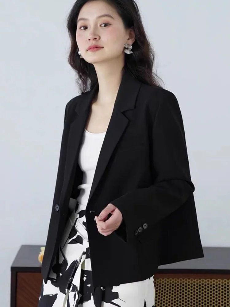Elegancka, dopasowana marynarka damska w stylu vintage, koreańska, z długim rękawem, casualowy żakiet, retro, gładka, prosta, zapinana na podwójne guziki, do biura.