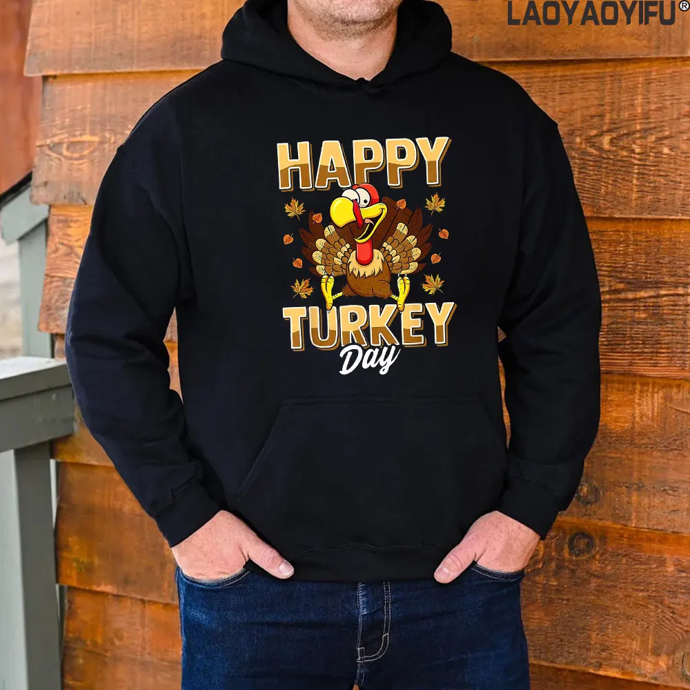 

American Festivals Happy Thanksgiving Day Man Hoodie Autumn and Winter Fashion Drop Shoulder Sweatshirt Creative Warm Outerwear