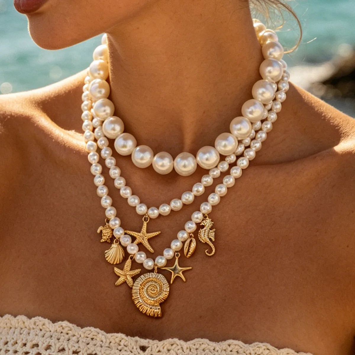 Necklace Alloy Starfish Seahorse Pendant Beaded Faux Pearl Multilayer Chunky Ocean Beach Vacation Durable Jewelry for Women