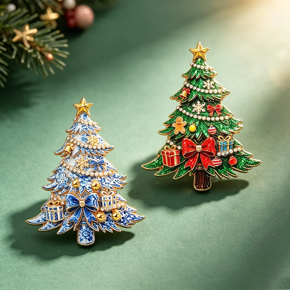 1pc Enamel Rhinestone Brooch Novelty Christmas Tree Pin for Men & Women,Vintage Blue Floral & Green Glitter Xmas Tree Lapel Pin