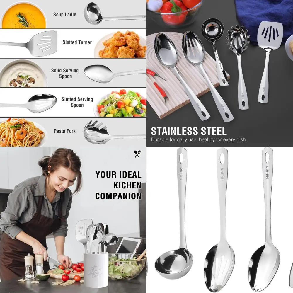 

5-Piece Stainless Steel Kitchen Tool Set: Ladle, Turner, Serving Spoons, Pasta Fork