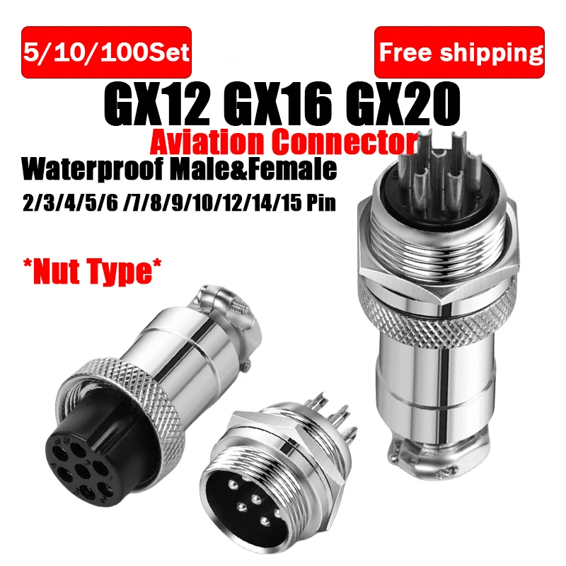 5/10/100Sets GX12 GX16 GX20 Aviation Plug Scoket Connector2/3/4/5/6/7/8/9/10/12/14/15 Pin Nut Type Male Female Butting