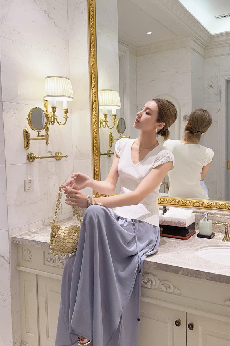 2026 Summer French Chic Women High Waist Beaded Drawstring A-Line Maxi Skirt 2026 Summer Elegant Flowy DM3BSK006