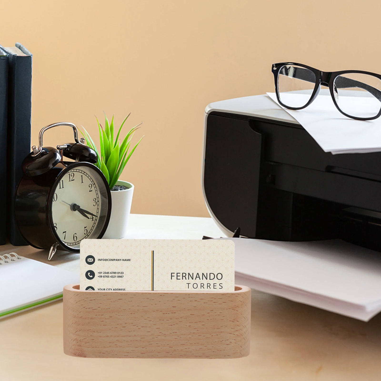 حامل بطاقة العمل المكتبي، صندوق تخزين بطاقات الأسماء الخشبية، رف عرض مستلزمات المكتب لبيئة العمل الاحترافية #1