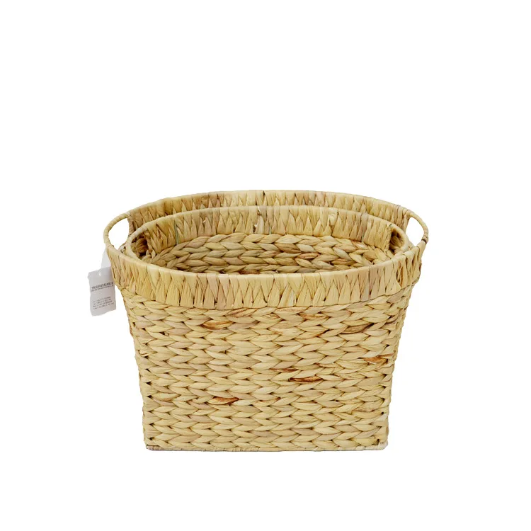 Customized set of two natural water hyacinth grass hand woven storage basket storage basket with built-in handle