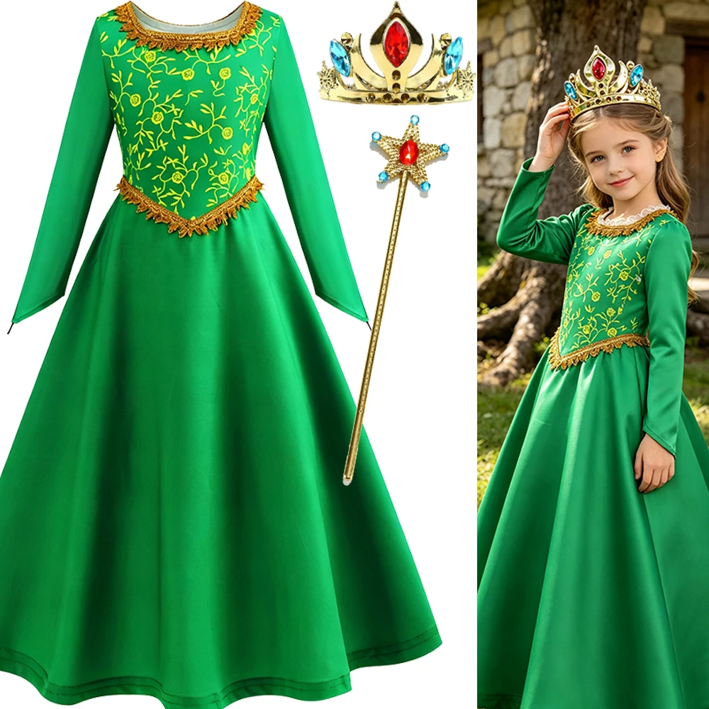 Green Princess Dress Kids Long Sleeve Floral Printed Party Long Dresses