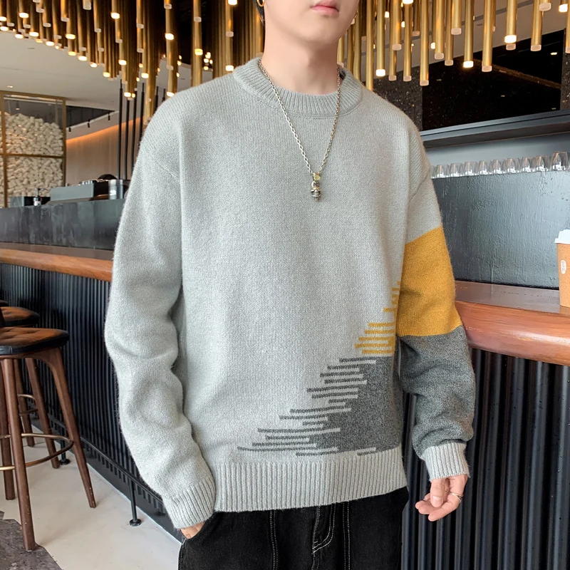 

Long Sleeve Pullover Autumn Basic Stretch Knitwear Tops Men Lightweight Sweatshirts Spring Casual Round Neck Ribbed Knit Sweater