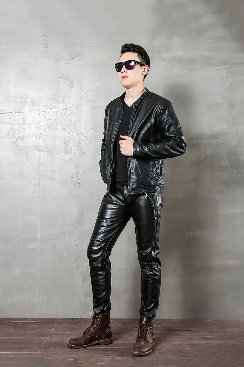 Mens Imitation Leather Pants Punk Tight Long Leggings Mens Party Micro Elastic Motorcycle Pants for Men