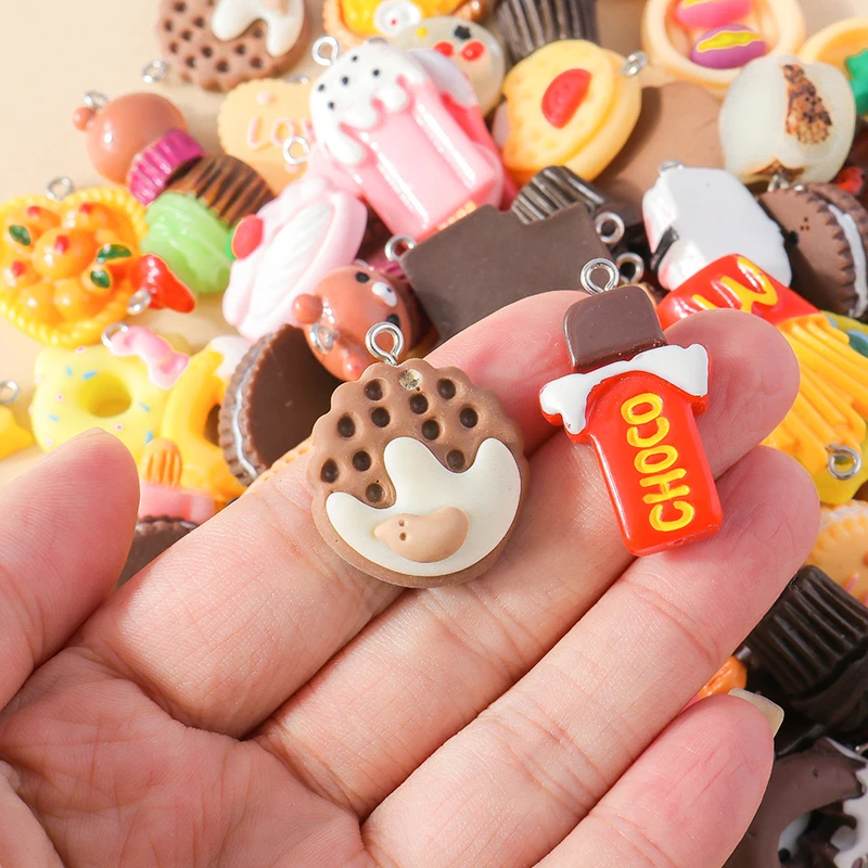 Leslie 15Pcs Mix Resin Funny Food Charms Cookies Chocolate Cake Bread Pizza Pendants for DIY Earring Necklace Bracelet Jewelry