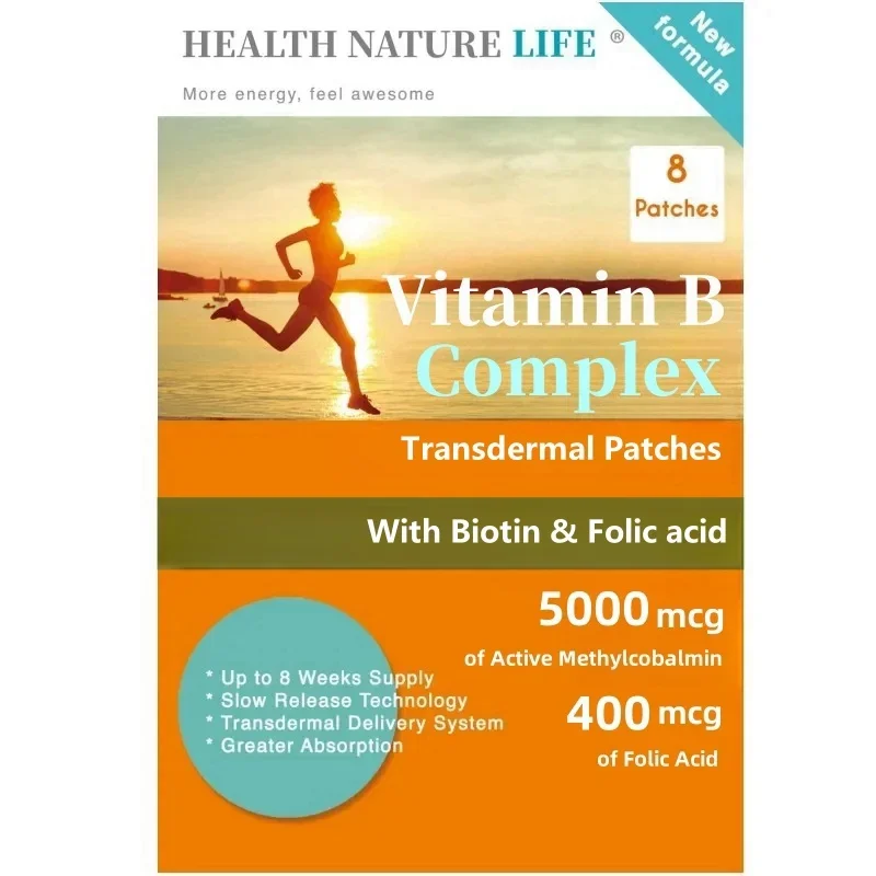 Vitamin B Complex 8 Transdermal Patches B1, B2, B3, B5, B6, B12, D-Biotin & Folic acid, Made in USA, 8 Weeks Supply