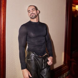 Sex Men Oil Glossy Shiny Breathable T-shrits Stripe Allure Shaper Top Bottom Wear Sheer See Through Elastic Shapewear