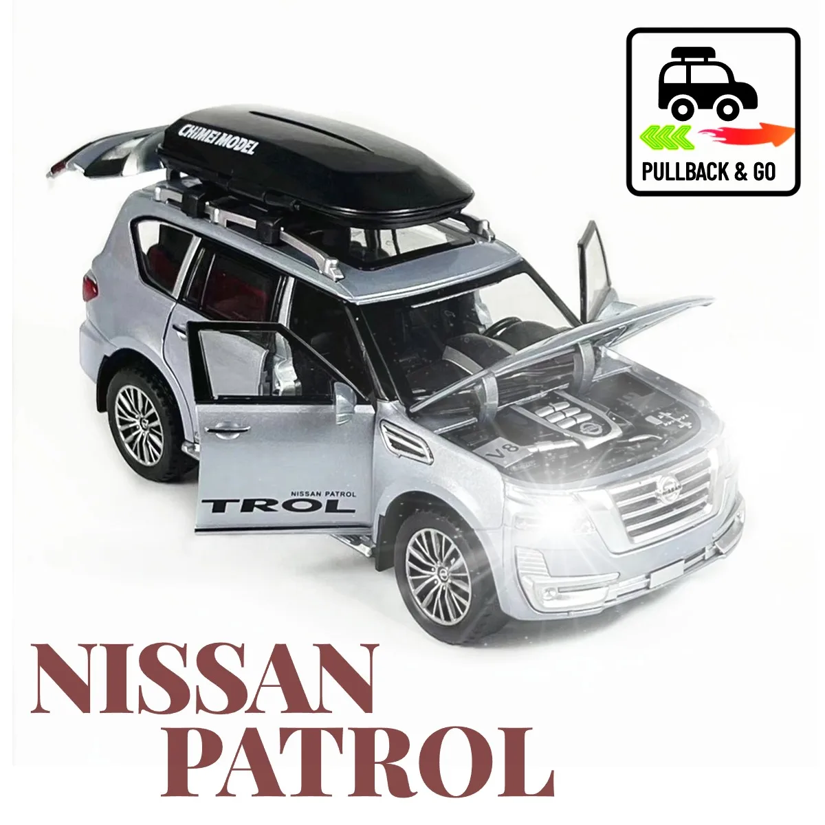 

1:32 Nissan Patrol Pullback Car Toy with Lights Engine Sound, Scale Diecast Car Model Replica Kid Boy Play Gift