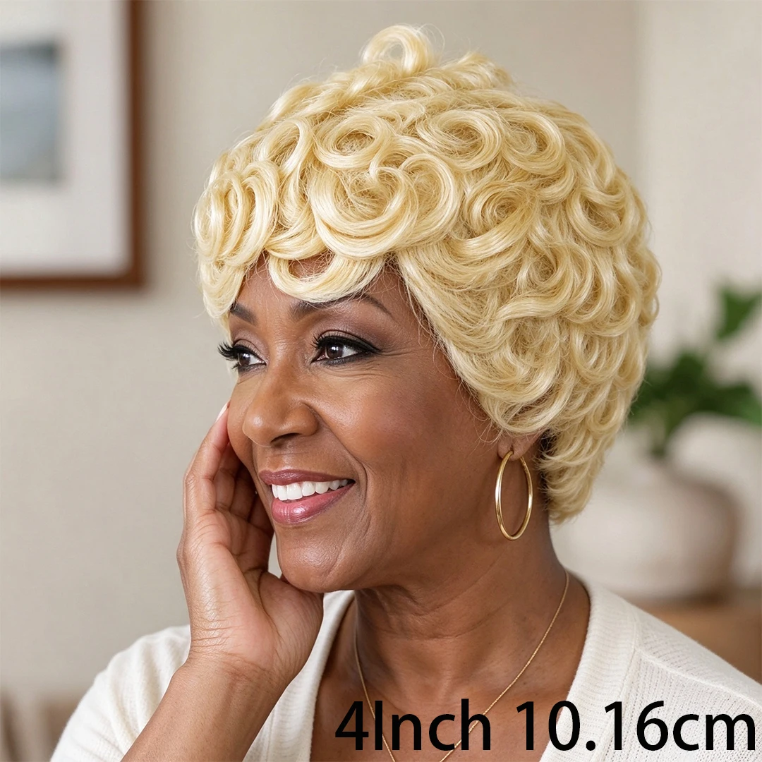 Women's -Looking Human Hair Wig Suitable for Casual Attire Fully Machine  Made - 613 Blonde Pixie Cut with Bangs  Loose Curly Short Hair Wig