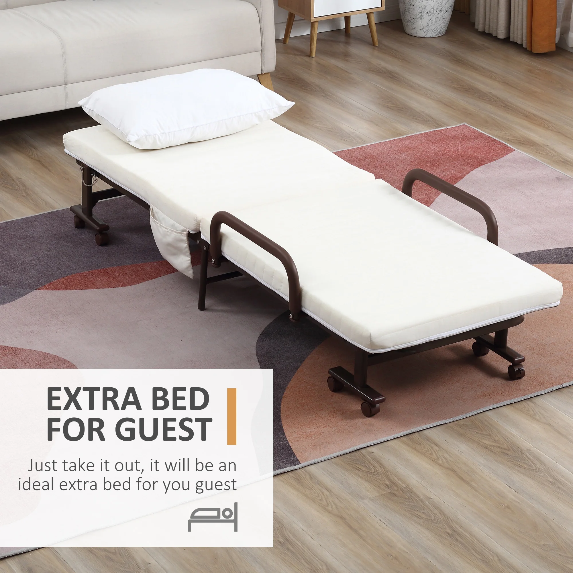 HOMCOM Folding Bed with Mattress & Wheels, Adjustable Backrest Guest, White
