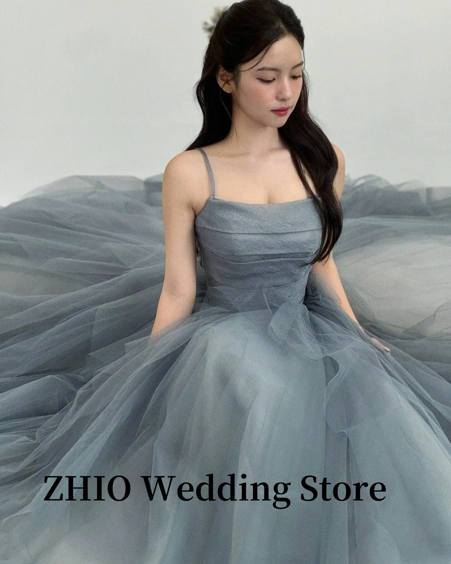 ZHIO Dusty Blue Tulle Wedding Party Dresses Korea Photo shoot A Line Spaghetti Straps Evening Gowns Formal Occasion Customized