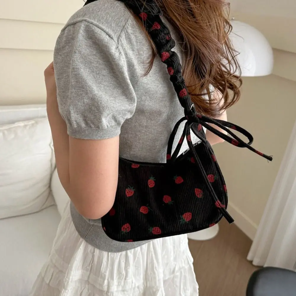 

Portable Korean Style Strawberry Printing Shoulder Bag Sweet Fruit Corduroy Tote Bag Leisure All-match Underarm Bag Women