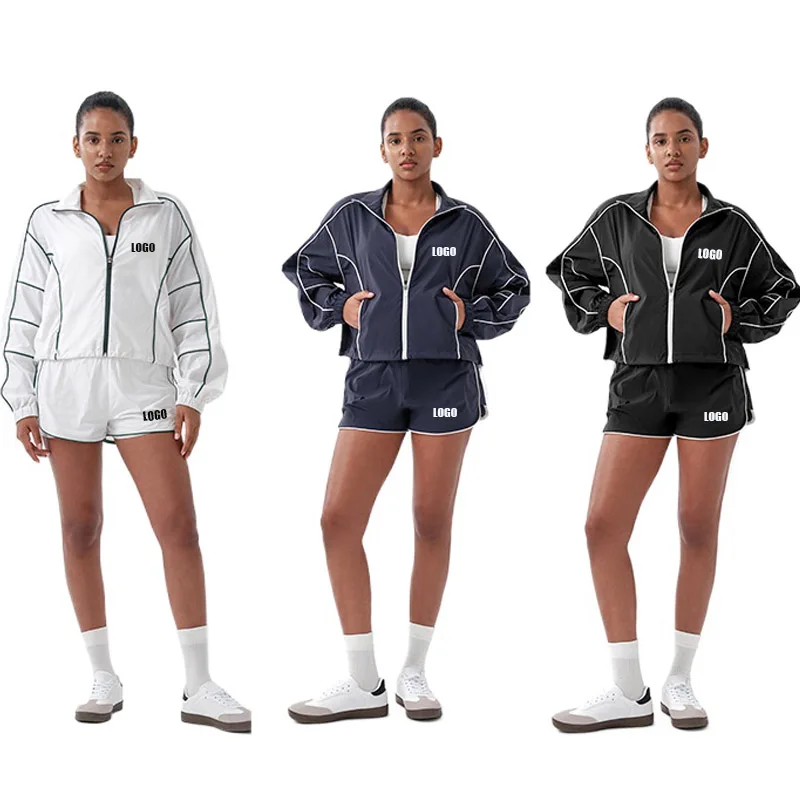 Custom logo women's new jacket, loose training fitness wear, quick-dry tennis jacket, long-sleeve running shorts set