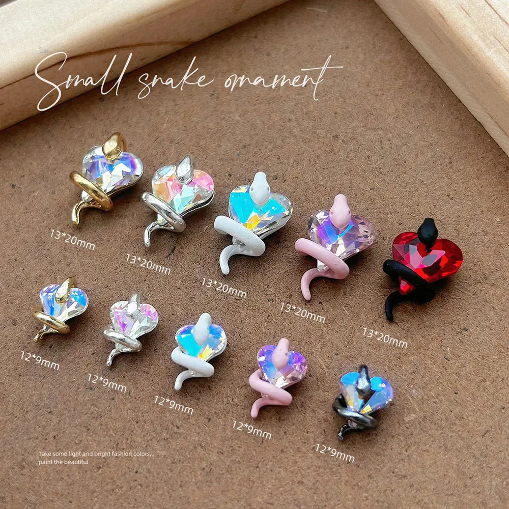 10pcs 3D Heart Diamond Snake Nail Charms Y2k Snakes Nails Charms Crooked Heart Nail Gems Snake Nail Art Charms 8.5cm Rhinestones