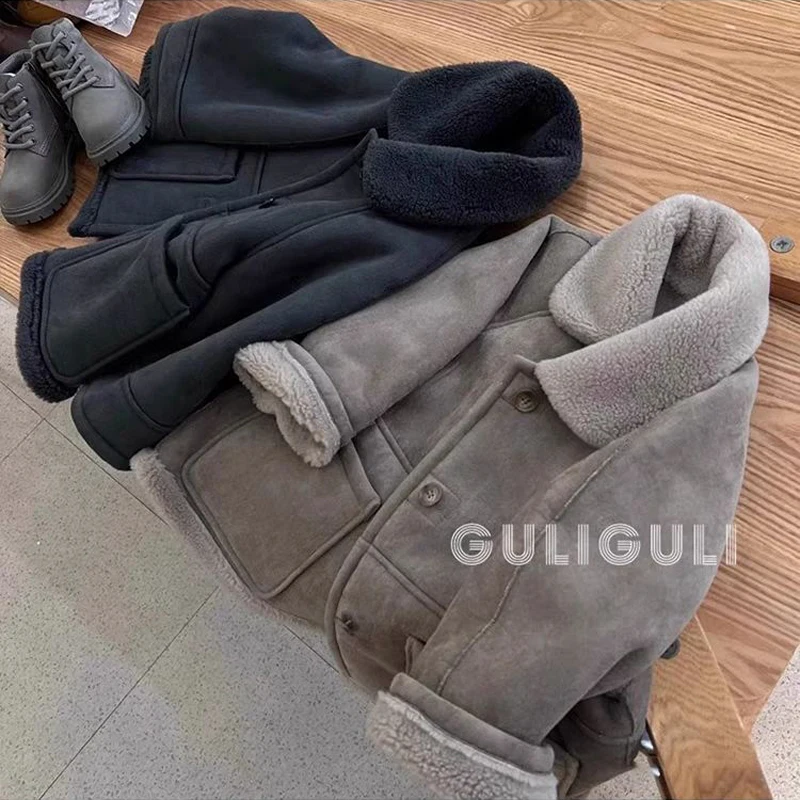 123  Winter Boys Jacket Patchwork Lamb Fleece Lining Thick Keep Warm Single-breasted Lapel Outwear For Boys Fashion Overcoat