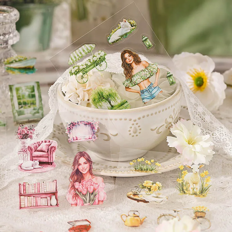 400 sheets - PET waterproof stickers for vintage floral characters in the four seasons of blooming flowers, hand account materia