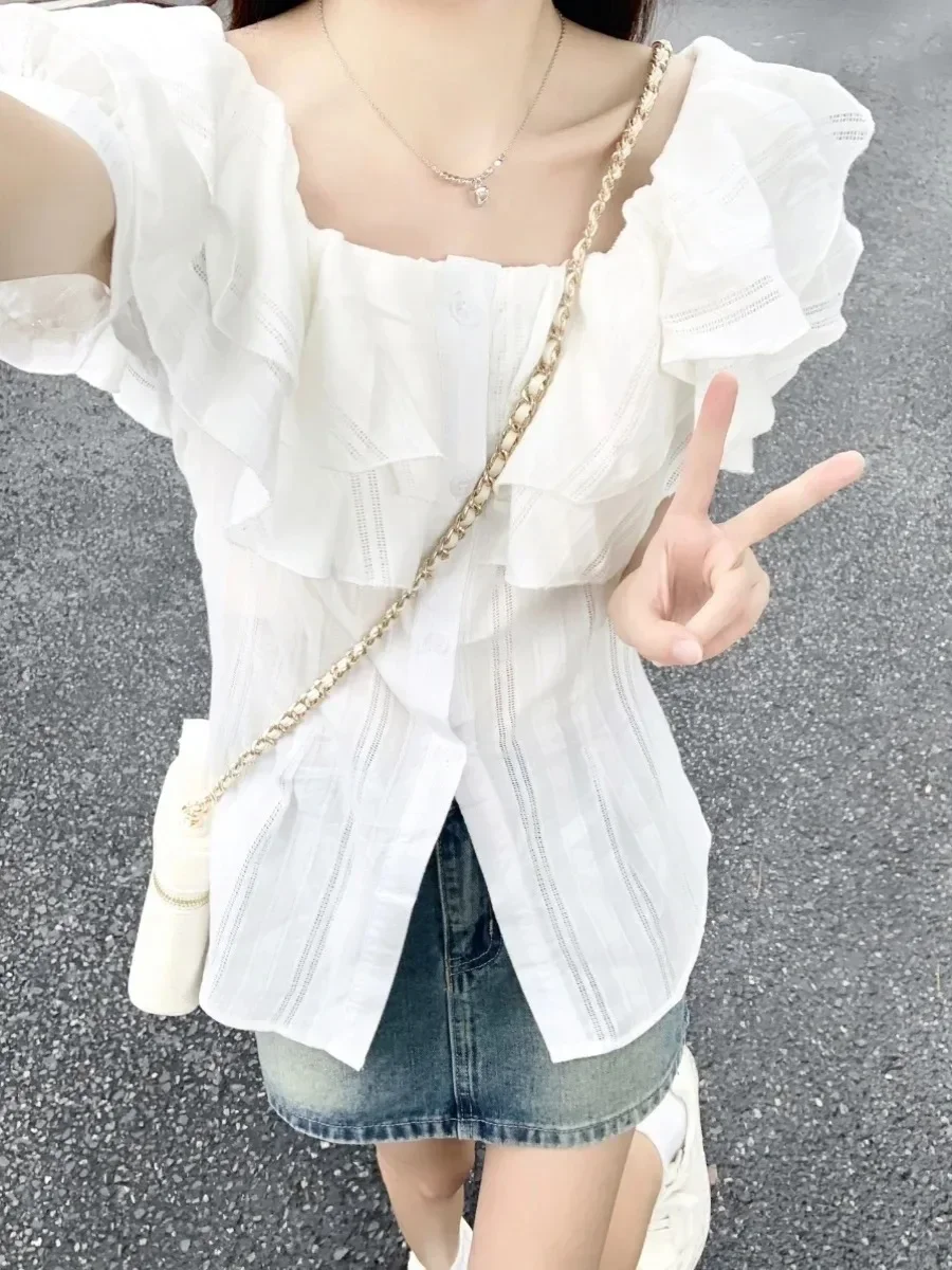 Y2k Aesthetic Sweet Ruffled Women Shirt White Summer Kawaii Single Breasted Blouse Harajuku Fairy Casual Preppy Grunge Blusas