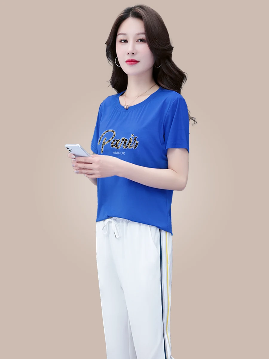 

Faionable Qui-Dry Sports Set Women's Summer New round Ne Ice Silk Thin Running Suit Seven-Foot Pants Two-Piece Set