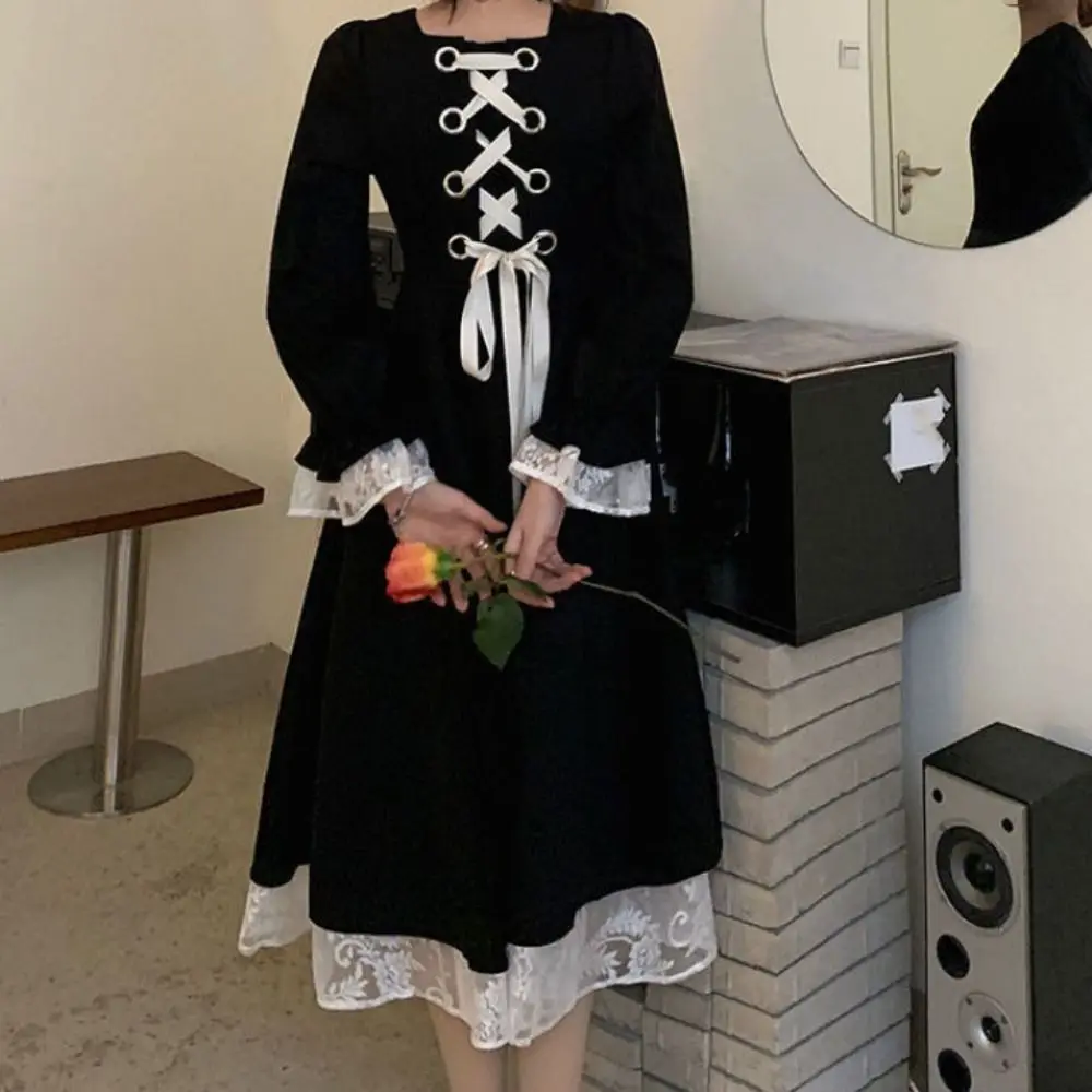 

High Waist Slim Fit Lace Princes Dress Pleated Sweet Girls Long Dress Ballet Style A-line Puff Long Sleeved Dress Streetwear