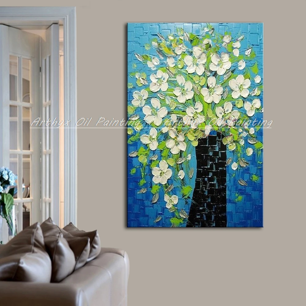 Arthyx Handpainted Thick Texture White Orchid Flower Oil Painting On Canvas,Modern Abstract Wall Art,Picture For Room,Home Decor