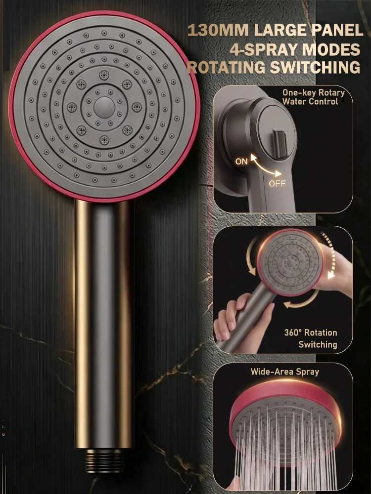 4 Modes Rotating Switch Shower Head,130cm Big Panel Shower Head,Adjustable Handheld Water Saving,Bathroom Accessories