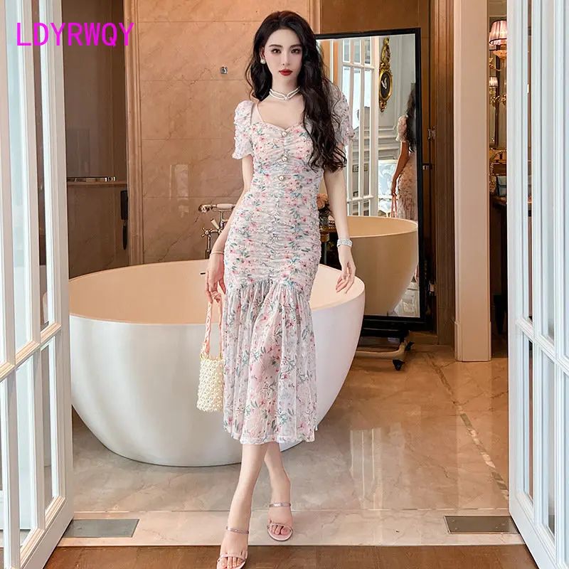 2023 Summer New Women's Style Bubble Sleeve Wrap Waist Fragmented Fish Tail Wrap Hip Dress