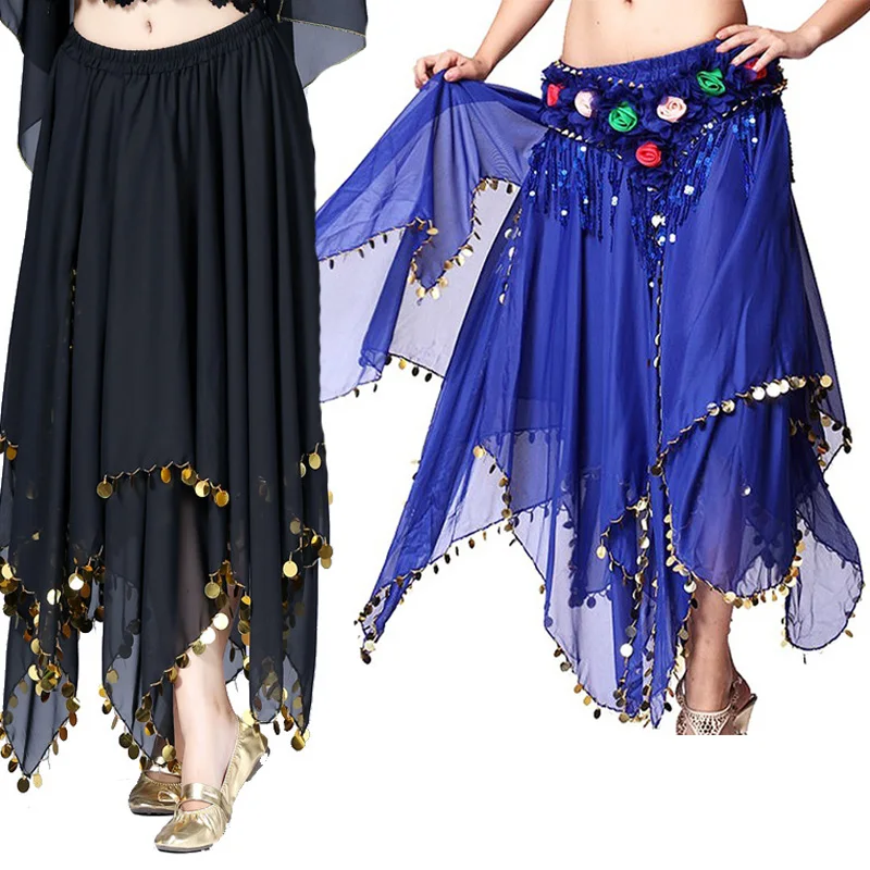 ผู้หญิง Belly Dance เครื่องแต่งกายเลื่อมลูกปัดกระโปรงชีฟอง Shiny Elastic Waistband Carnival Rave Party Bellydance กระโปรง Dancewear