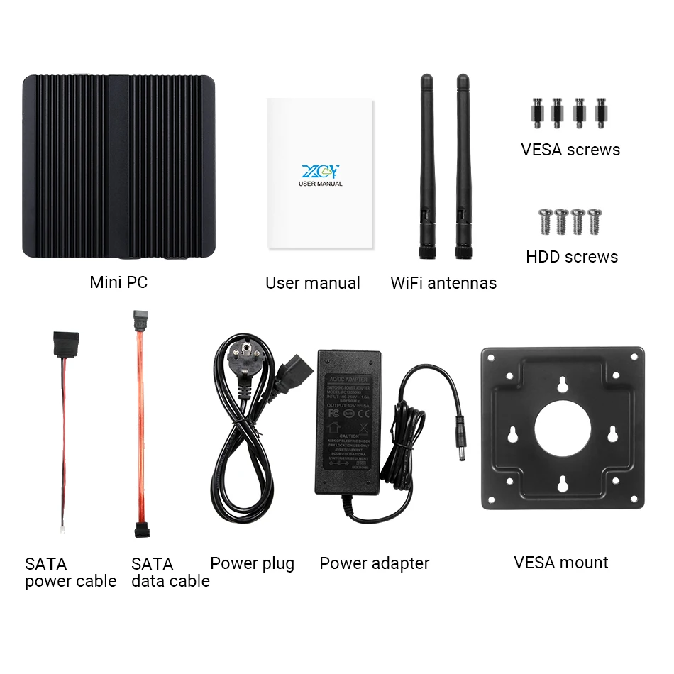 XCY Lüfterloser Mini-PC Intel Celeron J1900 Quad Cores Gigabit Ethernet 4x USB HDMI VGA Display Unterstützt WiFi Windows Linux/Ubuntu