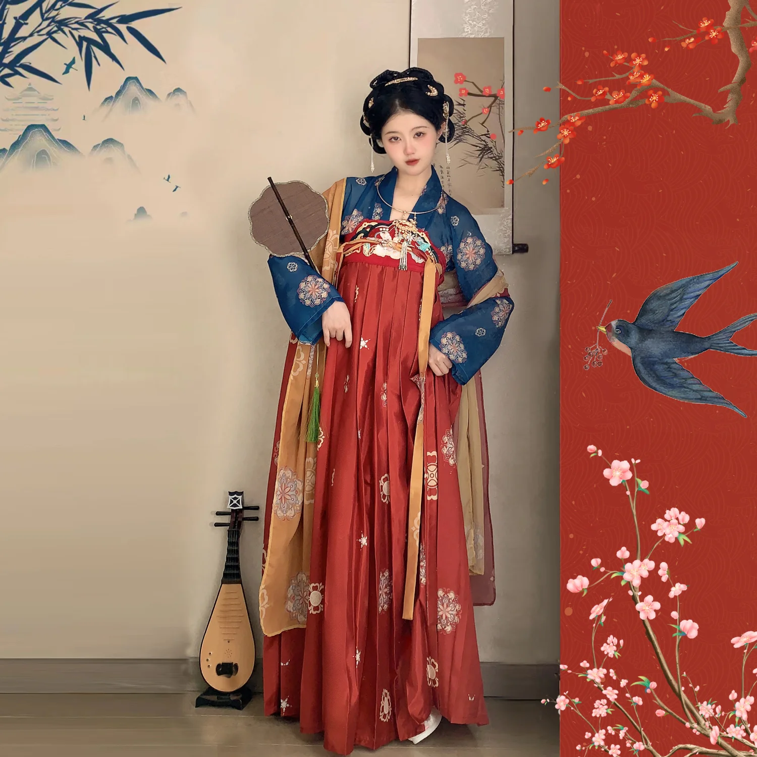 Original Chinese Hanfu Dress - Tang Style Qixiong Ruqun Spring Collection (Affordable Full Set with Matching BFF Version)