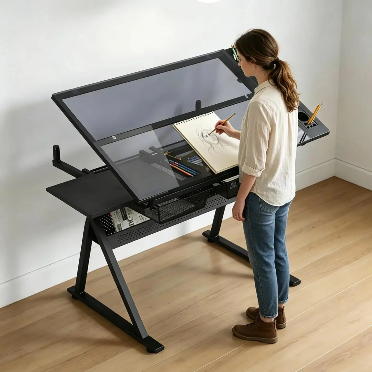 Drafting Table, Adjustable Height Drawing Table Art Table Painting Table Art Craft Desk with 0-75° Tilting Glass