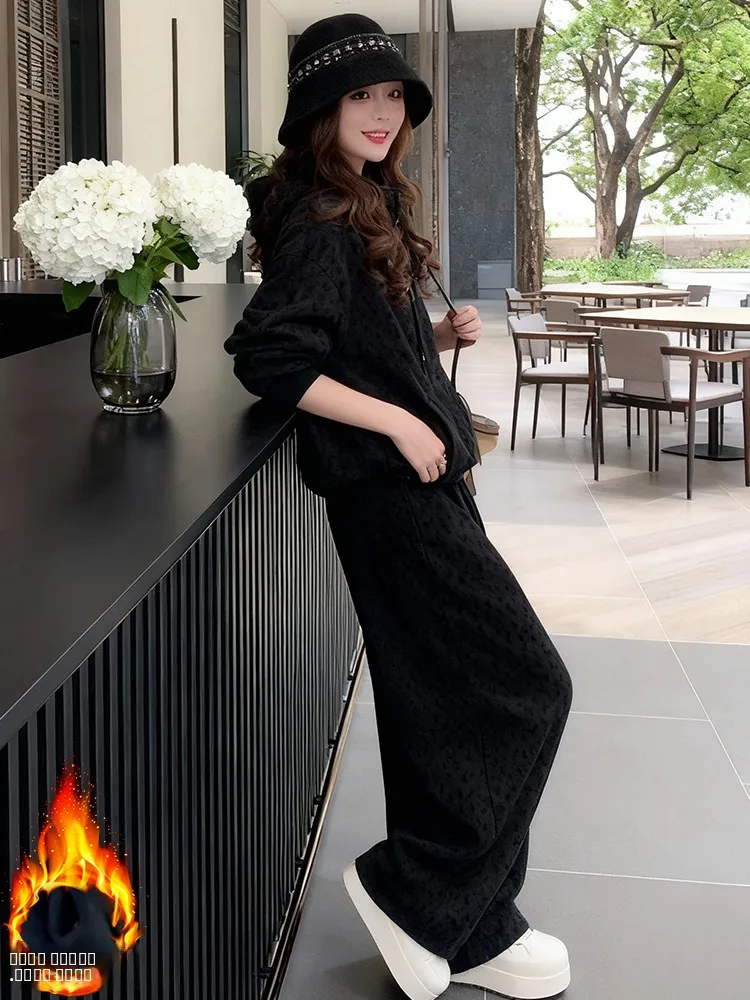 

Модный комплект из худи и брюк с широкими штанинами, женский зимний повседневный спортивный костюм с высокой талией, утепленный, полностью меховой