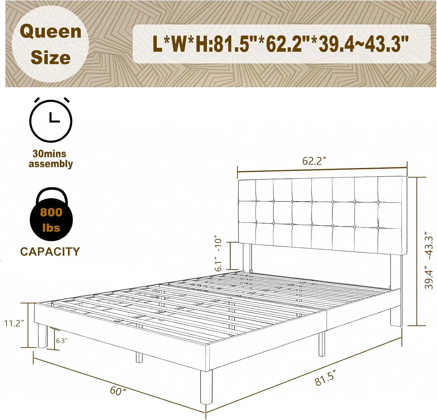 NEW Queen Size Bed Frame, Velvet Upholstered Platform with Headboard, Easy Assembly, No Box Spring Needed, Non-Slip