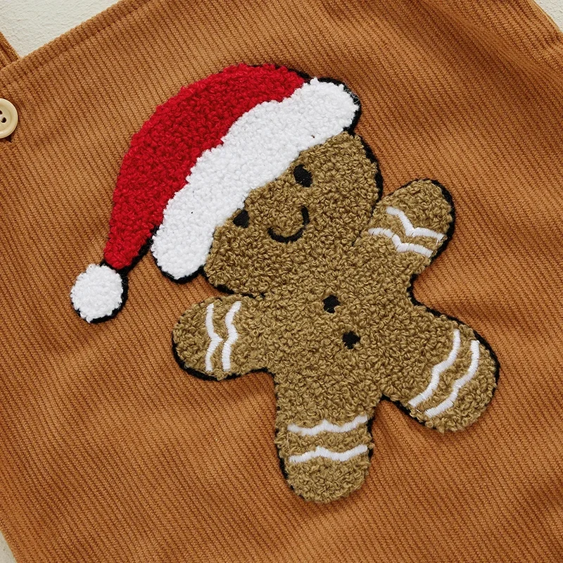 Christmas Newborn Baby Boys Girls Rompers Clothes 0-18M Gingerbread Man Hat Embroidery Sleeveless Button Jumpsuits Overalls