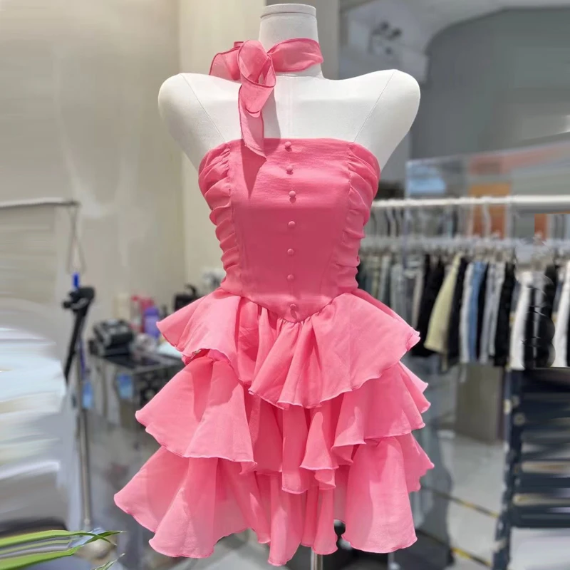 

Women's Sexy Layered Cake Dress Lady High Street Strapless Ruffles Mini Dress Chic Party Holiday Short Dress