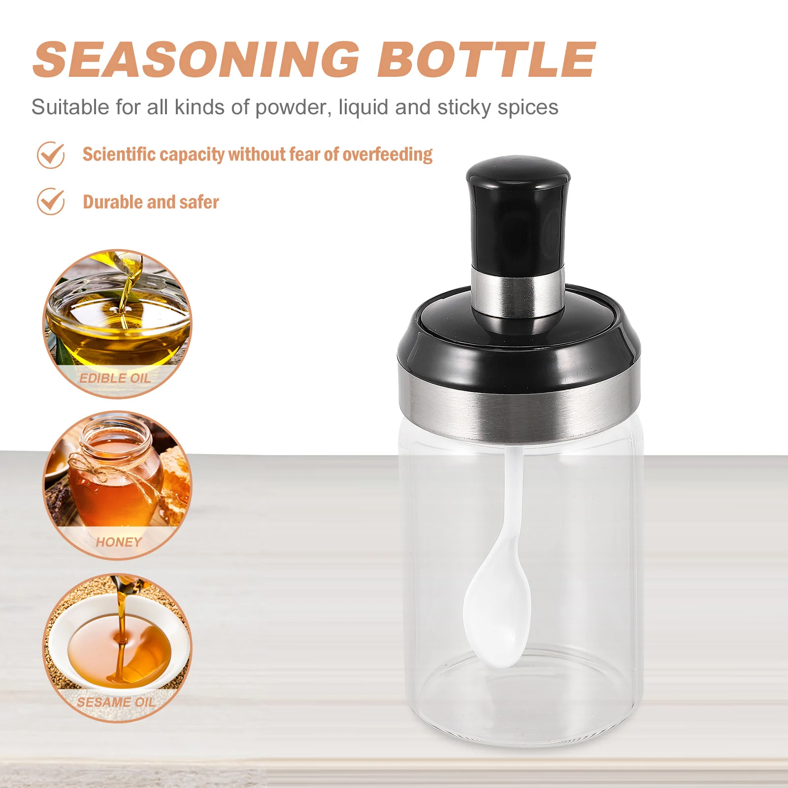 Botella de aceite con cuchara, tarro de vidrio sellado para condimentos, recipiente para condimentos domésticos de boca grande, almacenamiento de azúcar, sal, ajo y pimienta, 1 Uds.